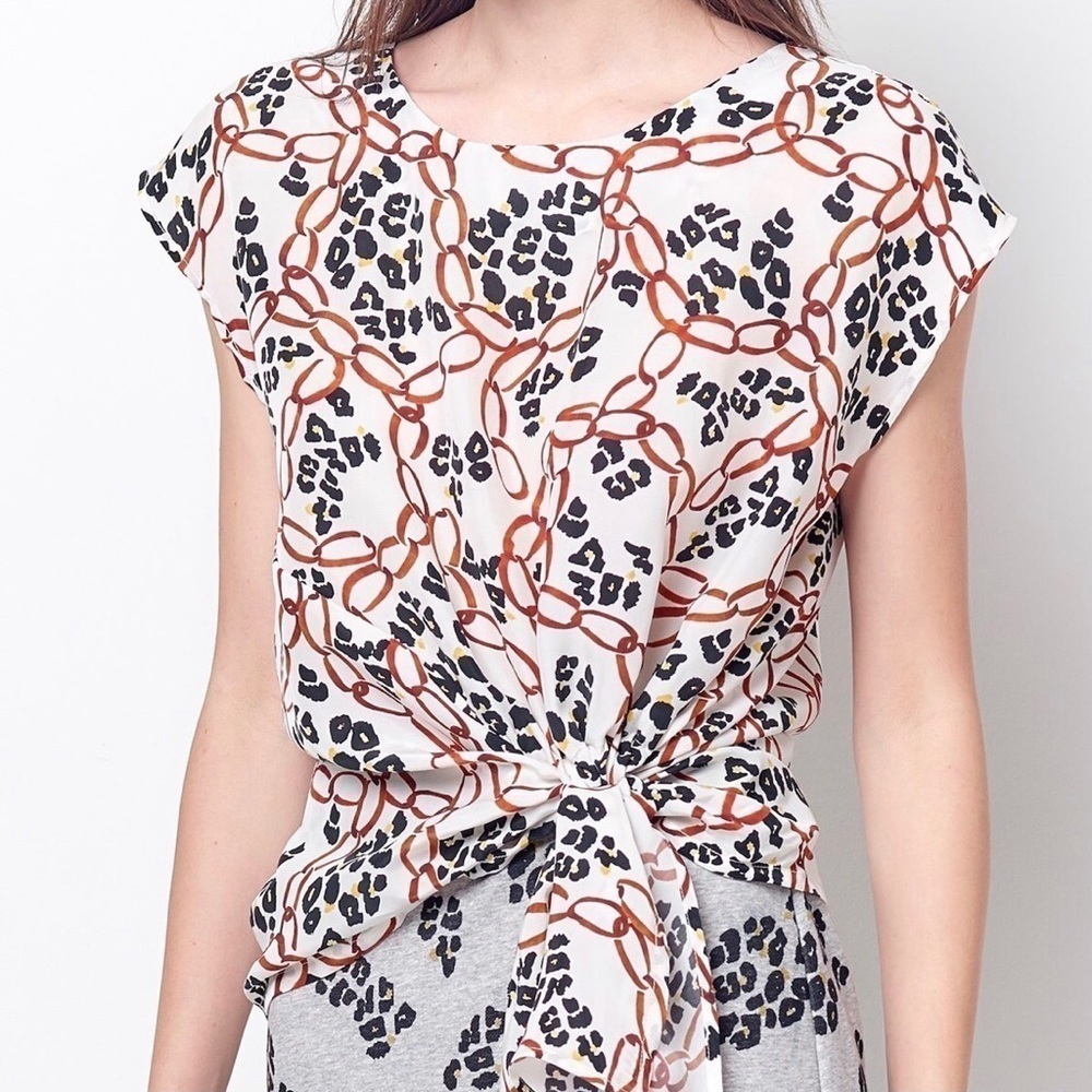 Corey Lynn Calter Tina Side Tie Short Sleeve Leopard Top White Casual Work